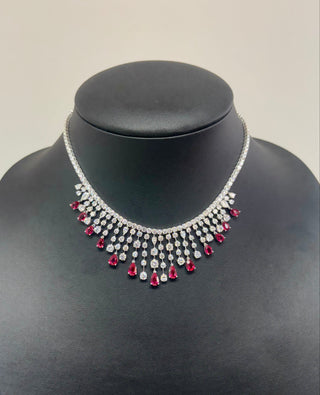 35 Carats Imperial Teardrop Ruby and Round Diamond (LGD) Statement Necklace in 14k White Gold