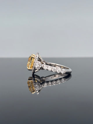 6.56 Carats Yellow Cushion-Cut (LGD) Center Stone Ring with Diamond Halo Accents in 14K White Gold