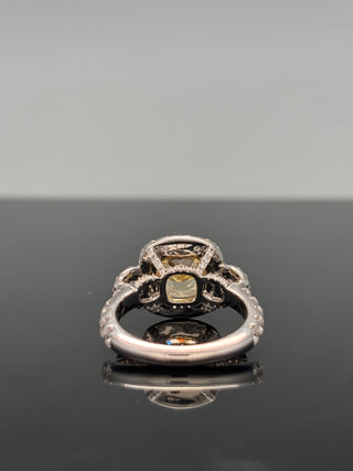 6.56 Carats Yellow Cushion-Cut (LGD) Center Stone Ring with Diamond Halo Accents in 14K White Gold