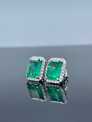5.84 Carats Natural Colombian Emerald Diamond Halo Earrings in 14K Gold