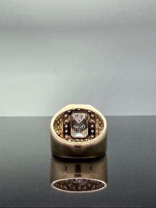 8.35 Carats Emerald-Cut Bezel Diamond Ring with Double Halo and Pavé Band in 10K Gold