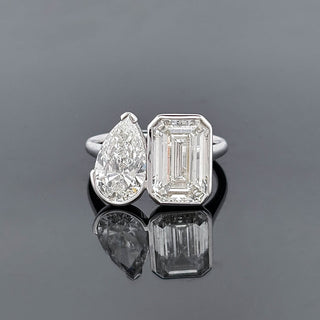 CELESTINA – 2 Carat Emerald & Pear LGD Ring in 14K White Gold