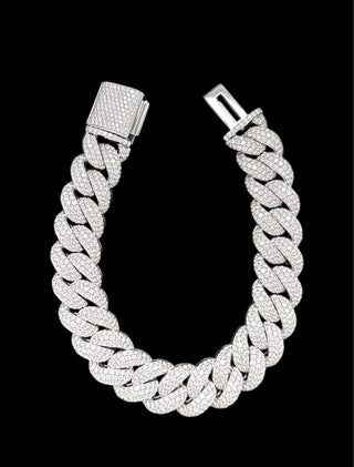 14 Carats Flower Set Diamond Cuban Bracelet 14mm in 10k White Gold