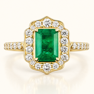 Natural Zambian Emerald Ring with Halo Lab Grown Diamond - 14kt Gold