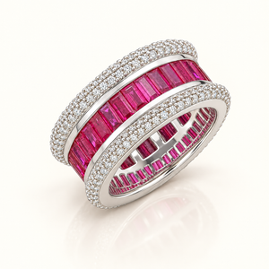 7 Carats Natural Diamond & Ruby Baguette Ring - 14kt Gold