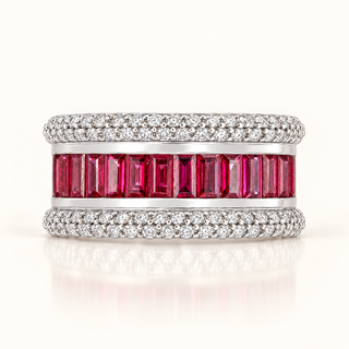 7 Carats Natural Diamond & Ruby Baguette Ring - 14kt Gold