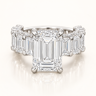8 Carats Emerald-Cut Center Ring with Emerald-Cut Accents on Shank and Round Diamonds on Gallery - 14kt Gold