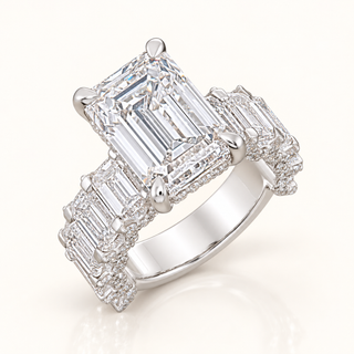 8 Carats Emerald-Cut Center Ring with Emerald-Cut Accents on Shank and Round Diamonds on Gallery - 14kt Gold