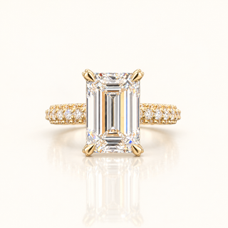 5 Carats Emerald Cut Center with 3-Row Pave Shank - 14kt Gold
