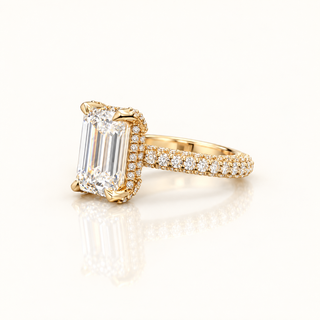 5 Carats Emerald Cut Center with 3-Row Pave Shank - 14kt Gold