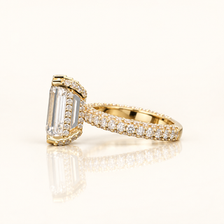 5 Carats Emerald Cut Center with 3-Row Pave Shank - 14kt Gold