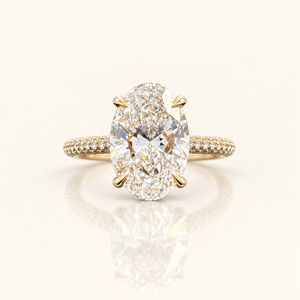 5 Carats Oval Cut with Round Diamonds, 3-Row Pave Shank (Thin Version) - 14kt Gold