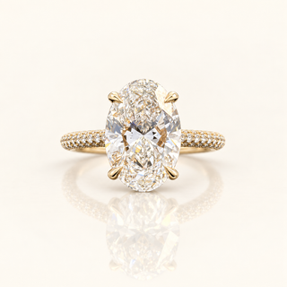 5 Carats Oval Cut with Round Diamonds, 3-Row Pave Shank (Thin Version) - 14kt Gold