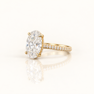 5 Carats Oval Cut with Round Diamonds, 3-Row Pave Shank (Thin Version) - 14kt Gold