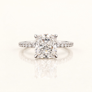 3 Carats Square Cushion Cut VS1 IGI Certified Ring with Single Row Diamond Shank and Hidden Halo - 14kt Gold
