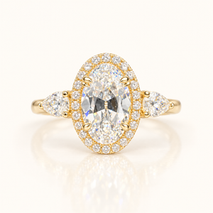 3 Carat Moval Old Miner Cut Set in 3-Stone Ring (Pear on sides) -14kt Gold