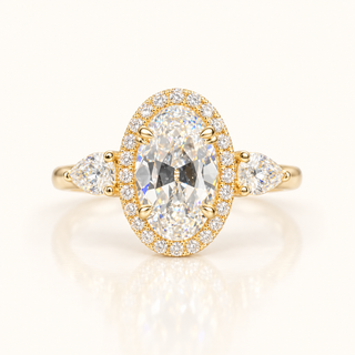 3 Carat Moval Old Miner Cut Set in 3-Stone Ring (Pear on sides) -14kt Gold
