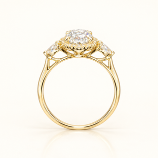 3 Carat Moval Old Miner Cut Set in 3-Stone Ring (Pear on sides) -14kt Gold