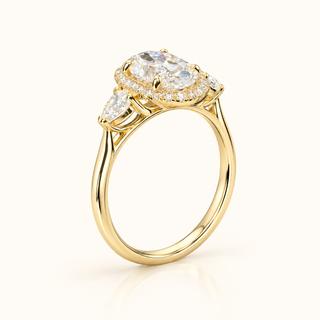 3 Carat Moval Old Miner Cut Set in 3-Stone Ring (Pear on sides) -14kt Gold