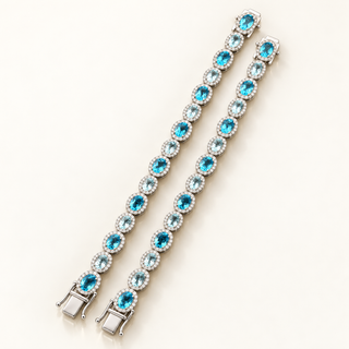 18 Carats Tennis Bracelet- LONDON BLUE TOPAZ, AQUAMARINE AND LAB GROWN DIAMONDS - 14kt Gold