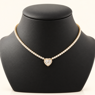 16 Carats Tennis Chain with Heart Pendant (2 carats) - 14kt Gold