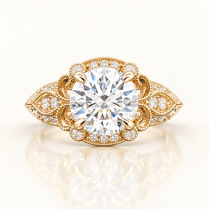3 Carats Round Diamond Art Deco Vintage Inspired Ring - 14KT GOLD