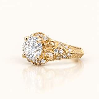 3 Carats Round Diamond Art Deco Vintage Inspired Ring - 14KT GOLD