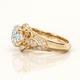 3 Carats Round Diamond Art Deco Vintage Inspired Ring - 14KT GOLD