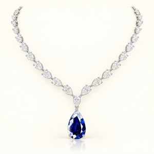 36.61 Carats Pear Cut Lab-Grown Blue Sapphire and Diamond Necklace 14K White Gold