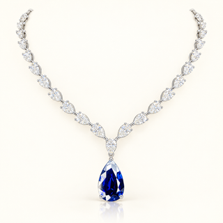 36.61 Carats Pear Cut Lab-Grown Blue Sapphire and Diamond Necklace 14K White Gold