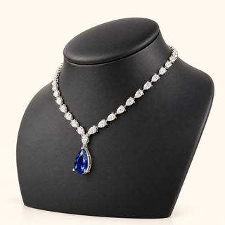 36.61 Carats Pear Cut Lab-Grown Blue Sapphire and Diamond Necklace 14K White Gold