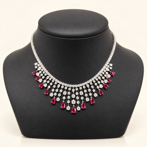 35 Carats Imperial Teardrop Ruby and Round Diamond (LGD) Statement Necklace in 14k White Gold