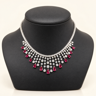 35 Carats Imperial Teardrop Ruby and Round Diamond (LGD) Statement Necklace in 14k White Gold