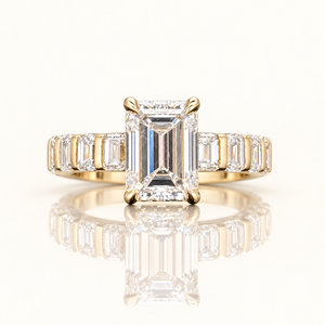 5.48 Carats Emerald-Cut F VS1 (LGD) Diamond Ring Framed by Baguette-Set Diamonds in 14K Gold