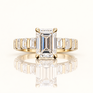 5.48 Carats Emerald-Cut F VS1 (LGD) Diamond Ring Framed by Baguette-Set Diamonds in 14K Gold