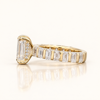 5.48 Carats Emerald-Cut F VS1 (LGD) Diamond Ring Framed by Baguette-Set Diamonds in 14K Gold