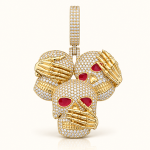 10 Carats "Silent Truth" Skull Trio Two-Sided Custom Jewelry Pendant - 14K Gold