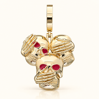 10 Carats "Silent Truth" Skull Trio Two-Sided Custom Jewelry Pendant - 14K Gold