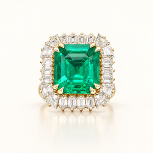 19.92 Carats Classic Lab-Grown Green Emerald with Baguette Diamond Halo Statement Ring - 14kt Yellow Gold