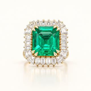 19.92 Carats Classic Lab-Grown Green Emerald with Baguette Diamond Halo Statement Ring - 14kt Yellow Gold