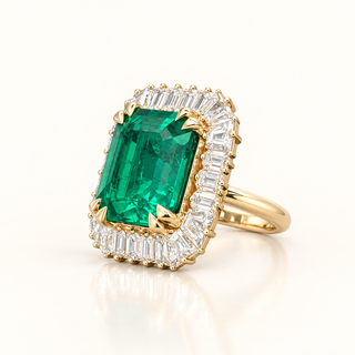19.92 Carats Classic Lab-Grown Green Emerald with Baguette Diamond Halo Statement Ring - 14kt Yellow Gold
