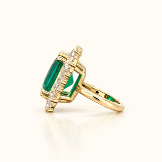 19.92 Carats Classic Lab-Grown Green Emerald with Baguette Diamond Halo Statement Ring - 14kt Yellow Gold