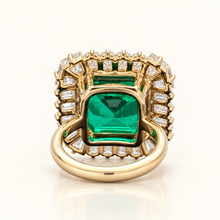 19.92 Carats Classic Lab-Grown Green Emerald with Baguette Diamond Halo Statement Ring - 14kt Yellow Gold
