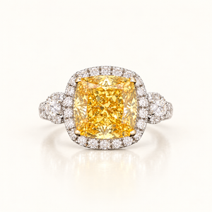 6.56 Carats Yellow Cushion-Cut (LGD) Center Stone Ring with Diamond Halo Accents in 14K White Gold
