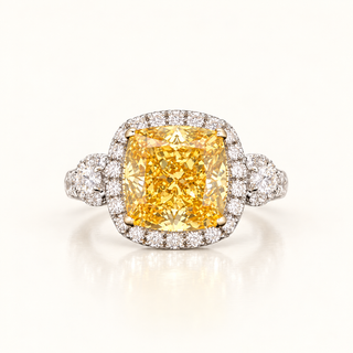 6.56 Carats Yellow Cushion-Cut (LGD) Center Stone Ring with Diamond Halo Accents in 14K White Gold