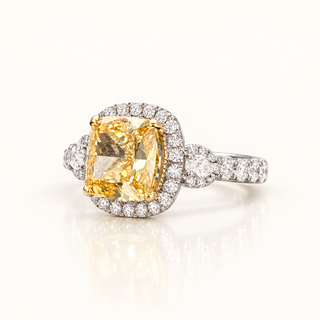 6.56 Carats Yellow Cushion-Cut (LGD) Center Stone Ring with Diamond Halo Accents in 14K White Gold