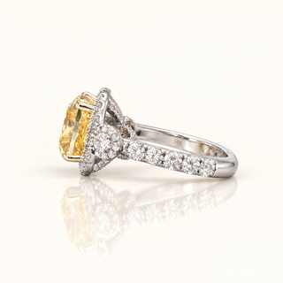 6.56 Carats Yellow Cushion-Cut (LGD) Center Stone Ring with Diamond Halo Accents in 14K White Gold