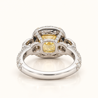 6.56 Carats Yellow Cushion-Cut (LGD) Center Stone Ring with Diamond Halo Accents in 14K White Gold
