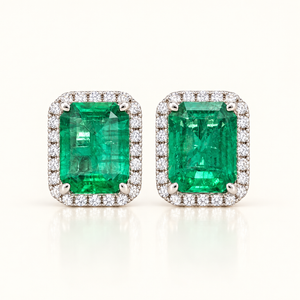 5.84 Carats Natural Colombian Emerald Diamond Halo Earrings in 14K Gold