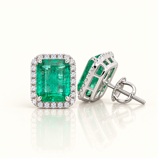 5.84 Carats Natural Colombian Emerald Diamond Halo Earrings in 14K Gold